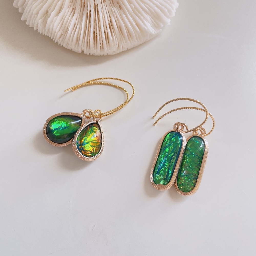 Gold plated brass AB faux opal resin drop earrings
